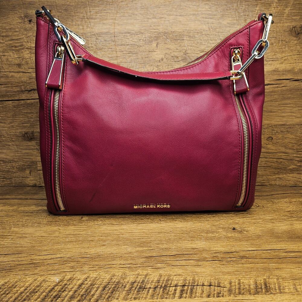 Michael Kors Matilda Red Leather Gold shoulder bag Purse Wristlet Wallet Set - Picture 2 of 12